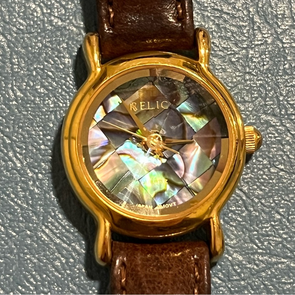 Relic Women's Gold Tone Watch with Checkered Abalone Genuine Leather